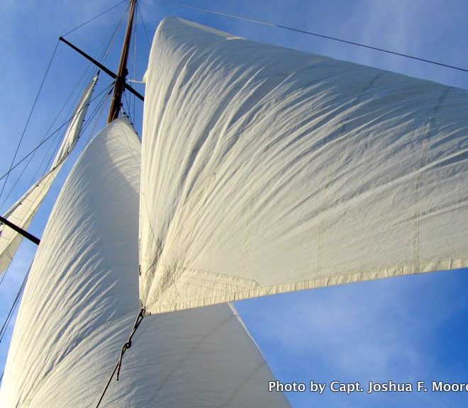 Drying out the sails aboard the classic Fife BELLE AVENTURE in Camden Harbor.