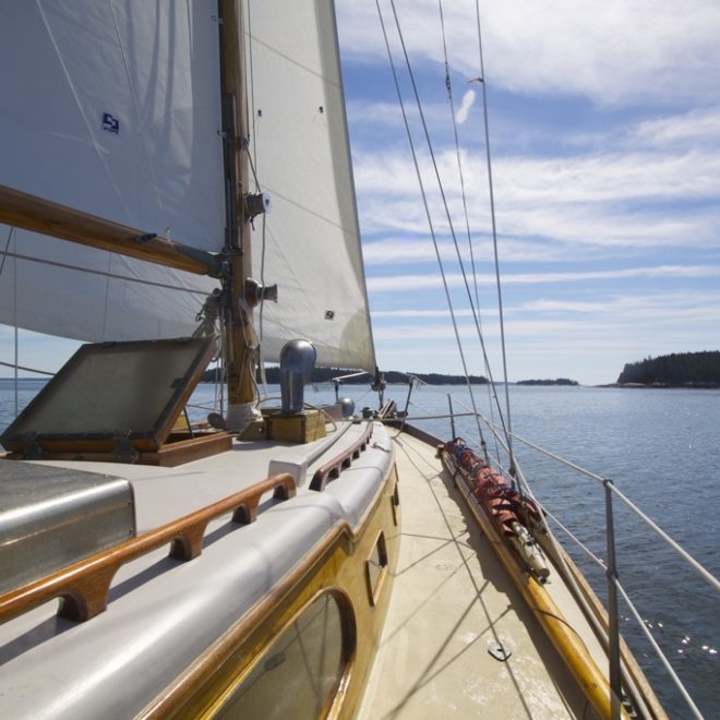 Slowly underway, close hauled, we head for a slot between Millet, Saddleback, and Enchanted Islands.