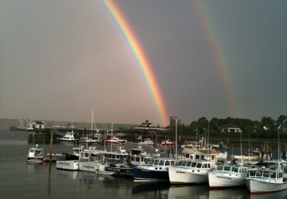 Lobster boats galore at the end of this double rainbow!