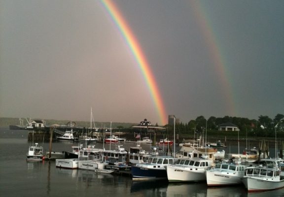 Lobster boats galore at the end of this double rainbow! Lobster boats galore at the end of this double rainbow!