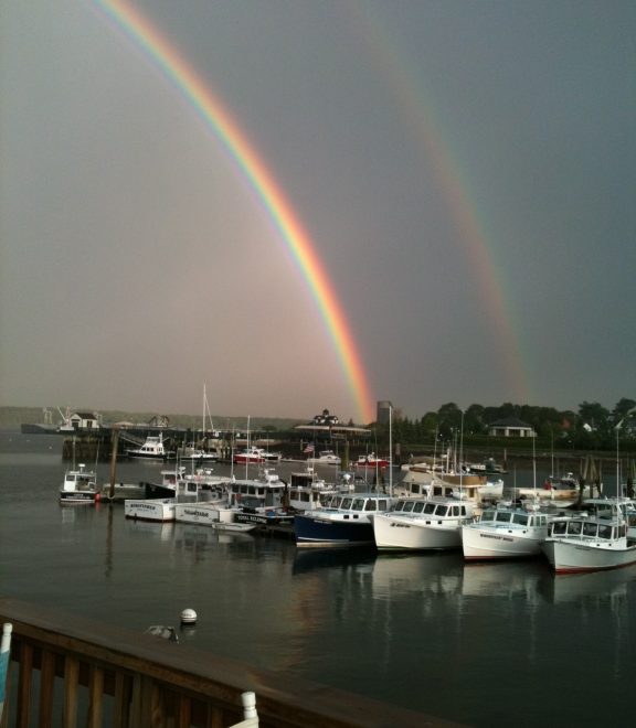 Lobster boats galore at the end of this double rainbow!