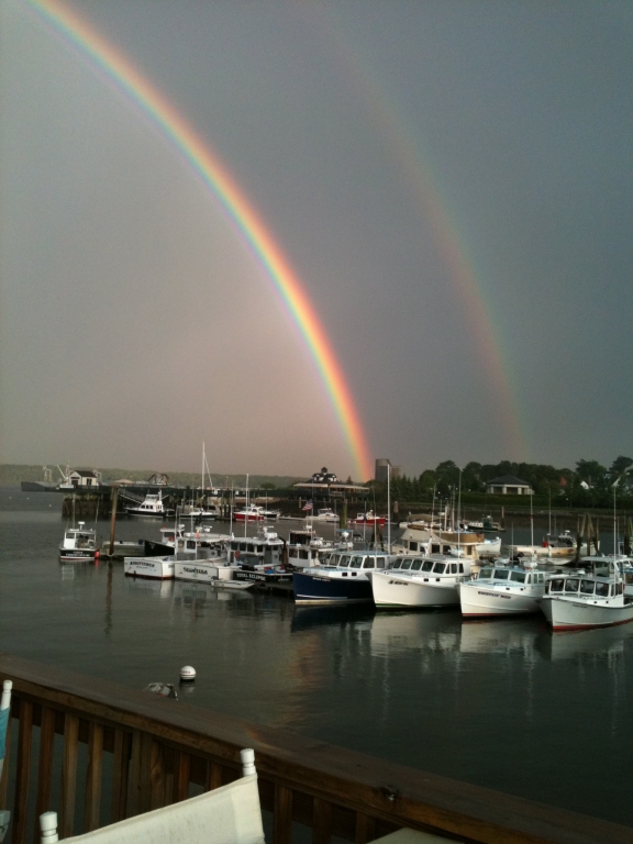 Lobster boats galore at the end of this double rainbow!