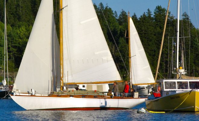 A classic yawl negotiates tight quarters in Northeast Harbor. Photo by Tom Young/USHarbors.com.