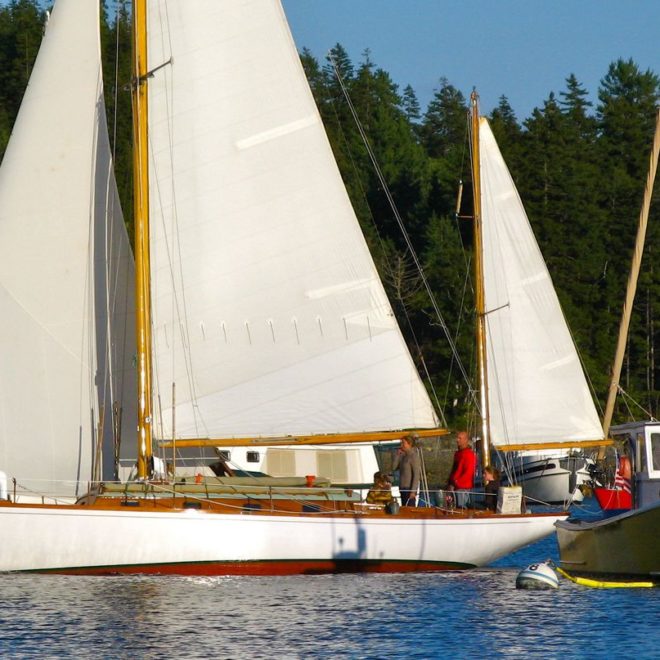 A classic yawl negotiates tight quarters in Northeast Harbor. Photo by Tom Young/USHarbors.com.