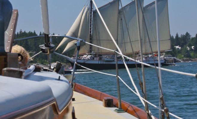 The passenger schooner Victory Chimes crosses our bow in the Fox Island Thorofare. Photo by Tom Young/USHarbors.com.