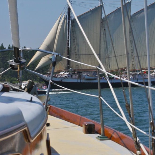The passenger schooner Victory Chimes crosses our bow in the Fox Island Thorofare. Photo by Tom Young/USHarbors.com.