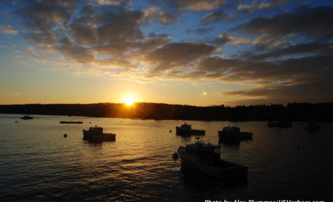 A late January sunset unfolds over Port Clyde Harbor and Muscongus Bay.
