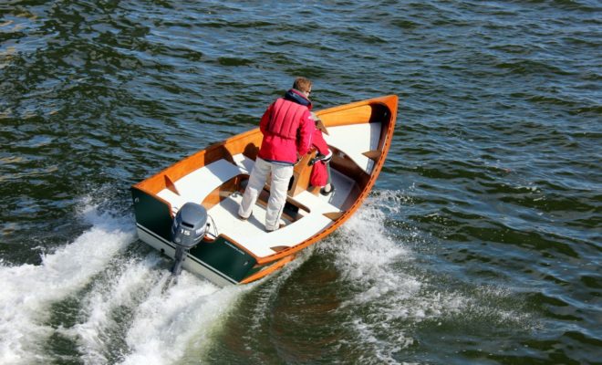 The Peeler Skiff and its center-console option is easily powered by a small outboard.