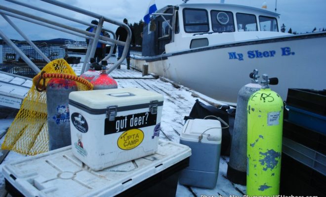 A scallop diver is all geared up and ready to go to work in Winter Harbor, Maine.