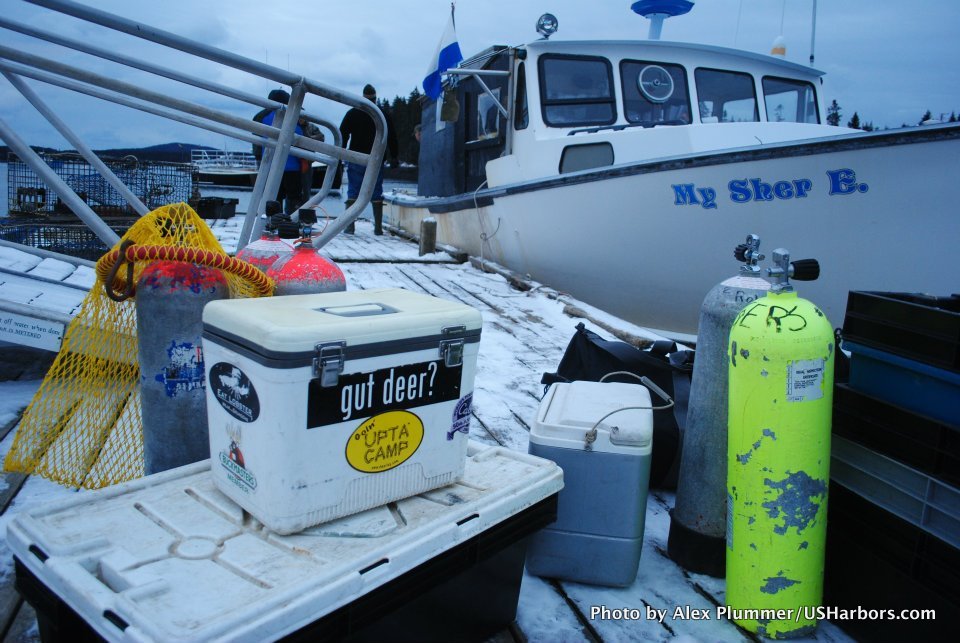 A scallop diver is all geared up and ready to go to work in Winter Harbor, Maine.