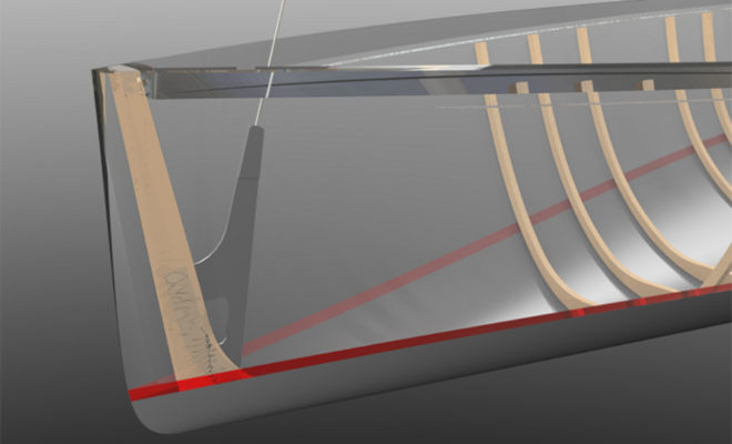 The fore plate is bonded into a laminated stem by cutting the member in half and gluing all back together.