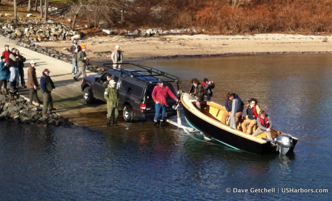 A 17' work skiff makes its way into the water at the Apprenticeshop in Rockland, Maine, on Dec. 16.