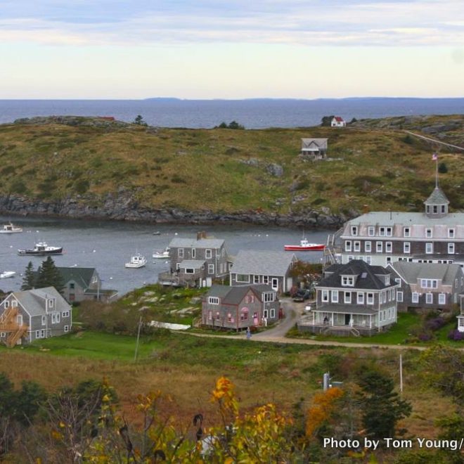 The view from the top of Monhegan, with Manana Island in the distance.