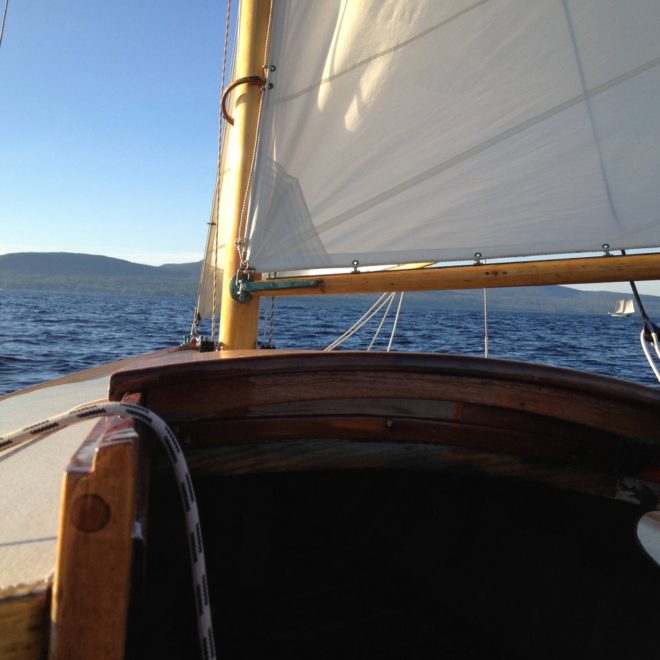 FROLIC, my Dark Harbor 17, makes its way back toward the Camden Hills.