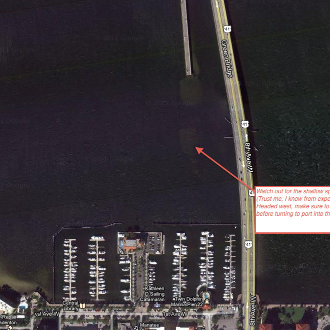 This shoal is visible in the satellite view, but not on the chart. Watch out!