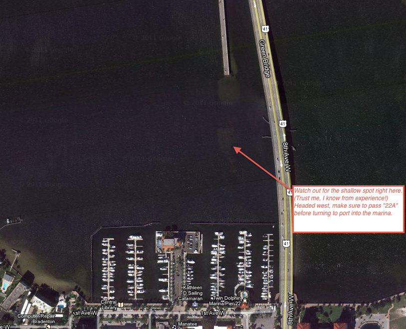 This shoal is visible in the satellite view, but not on the chart. Watch out!