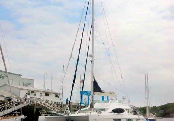 A 75' sailing catamaran tied up at the Wayfarer Marine docks in Camden.