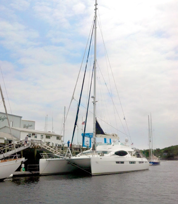 A 75' sailing catamaran tied up at the Wayfarer Marine docks in Camden.