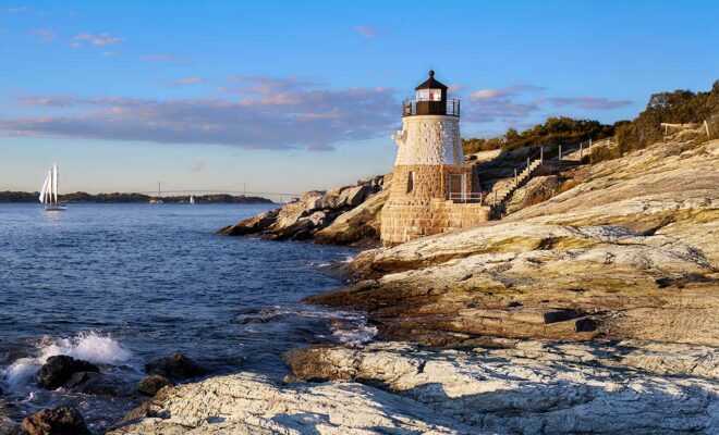 Castle Hill Lighthouse, sailboats, and the Newport Bridge