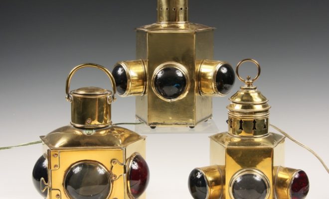 Nineteenth century brass running lights up for auction to benefit Cuckolds Rescue. Photo by Thomaston Place Auction Galleries.