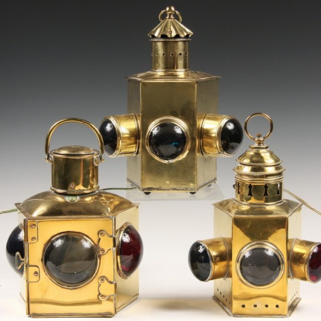 Nineteenth century brass running lights up for auction to benefit Cuckolds Rescue. Photo by Thomaston Place Auction Galleries.