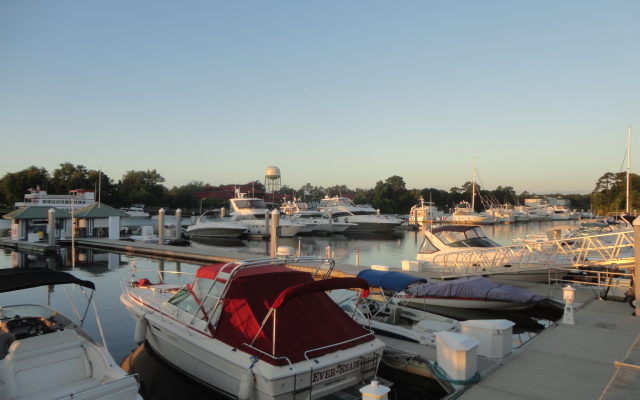 Moored powerboats and sailboats at Barefoot Resort Marina