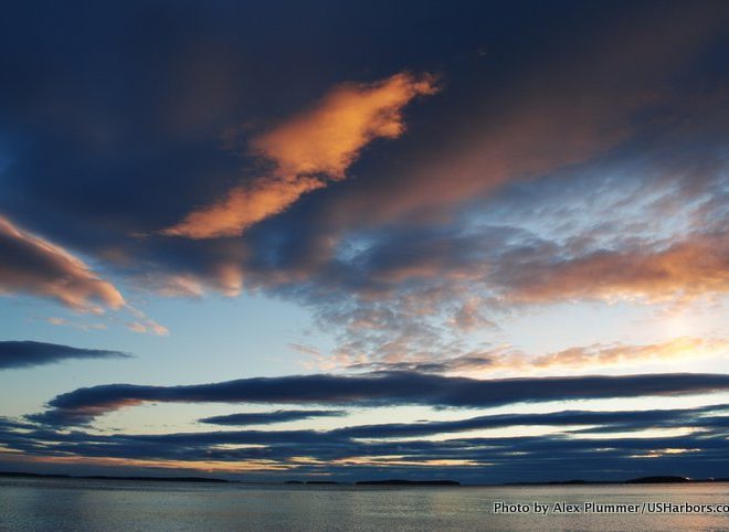 Early morning clouds seem to dance over the islands of Penobscot Bay. From left, Job, Lime, Lasalle, Saddle, and Mark Islands.