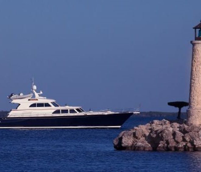 Excellence, a Lyman-Morse yacht on display at the 2014 Palm Beach International Boat Show.