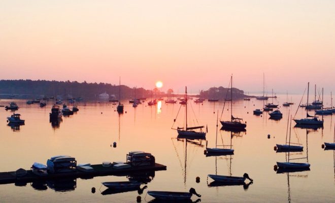 Sunrise over Camden Harbor.