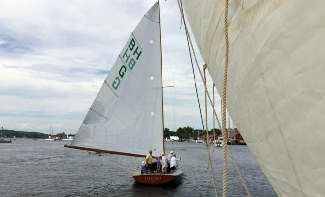 Ghost sails Mystic Harbor with two other Barnegat Bay, NJ sailboats.Photo by Gretchen Coyle