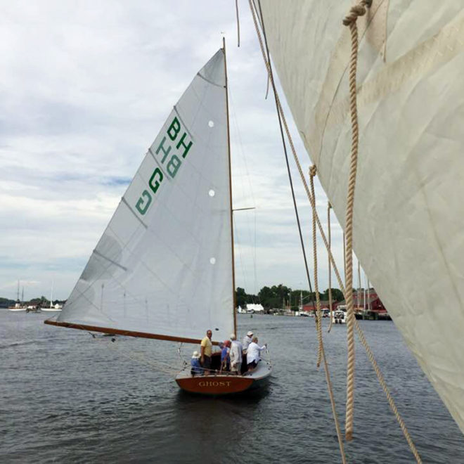 Ghost sails Mystic Harbor with two other Barnegat Bay, NJ sailboats.Photo by Gretchen Coyle