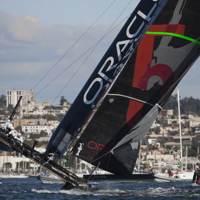 Flying a hull on San Diego Bay. Photo by Gilles Martin-Raget/Americas Cup World Series