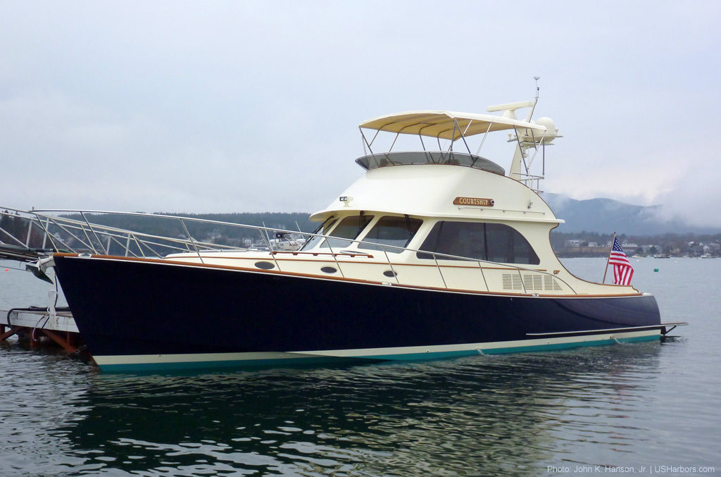 A brand-new Hinckley Talaria 48 Flybridge sits at the dock in Southwest Harbor, Maine, following its Feb. 1 launch.