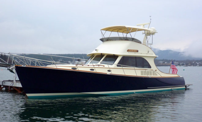A brand-new Hinckley Talaria 48 Flybridge sits at the dock in Southwest Harbor, Maine, following its Feb. 1 launch.