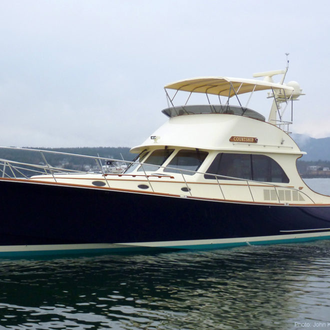 A brand-new Hinckley Talaria 48 Flybridge sits at the dock in Southwest Harbor, Maine, following its Feb. 1 launch.
