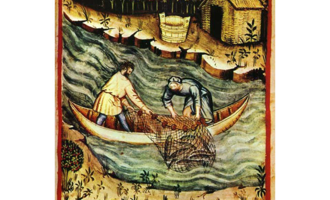 Two boys using a net in a river in Asia, present day.