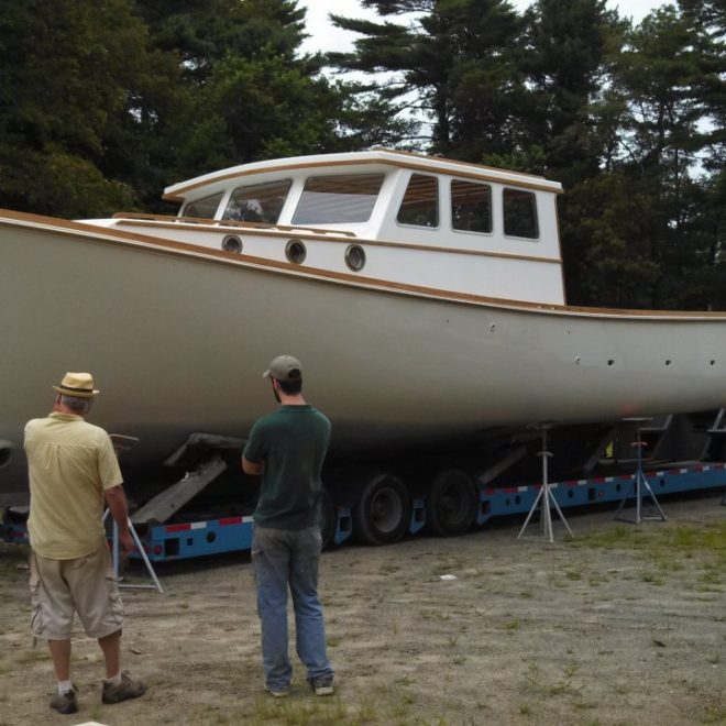 TWIST, a 45-foot American lobster yacht rebuilt by South Shore Boatworks, being moved outside.