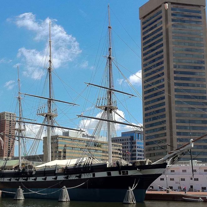 The USS Constellation at rest in Baltimore's Inner Harbor