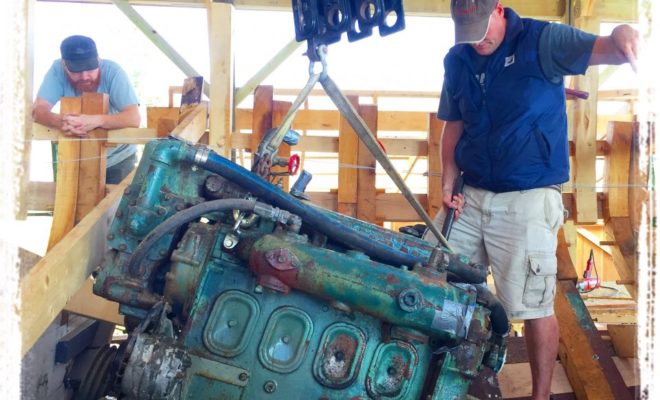 GIBY's systems tech, Steve Dee, removing Mary E's old GM 4-71 engine.