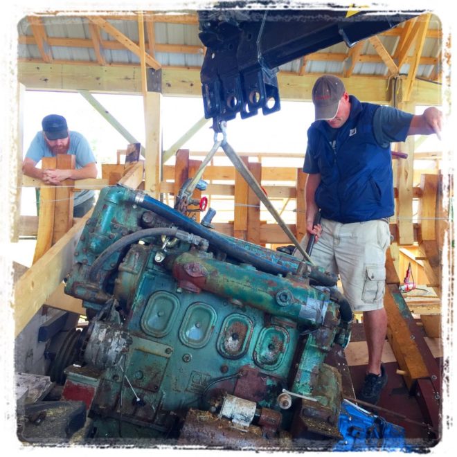 GIBY's systems tech, Steve Dee, removing Mary E's old GM 4-71 engine.