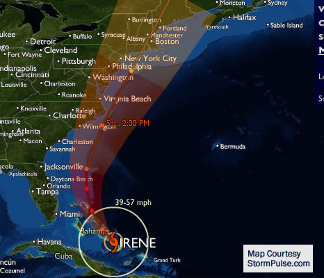 The storm track prediction of Hurricane Irene by Storm Pulse