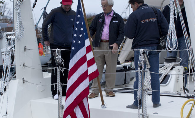 RI photographers Billy Black and Onne vander Wal visit KIWI SPIRIT upon arrival in Newport.