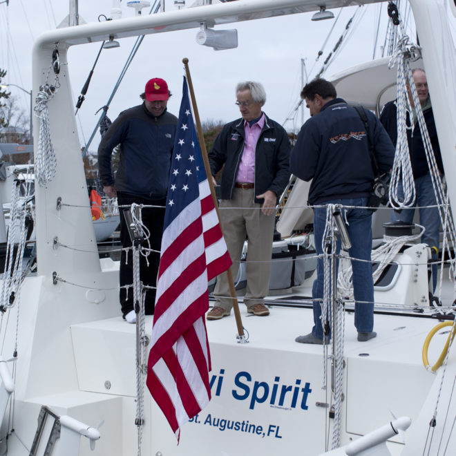 RI photographers Billy Black and Onne vander Wal visit KIWI SPIRIT upon arrival in Newport.