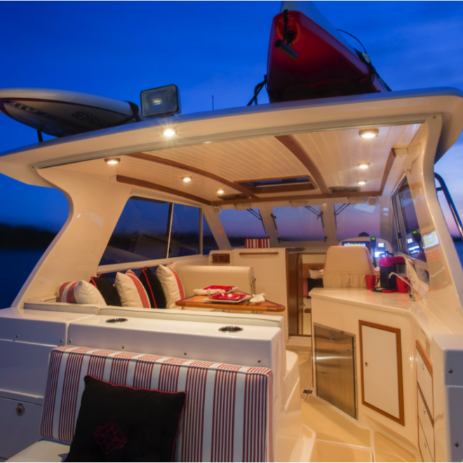 Custom-designed interior by Newport Yacht and Home on the True North 34 OE.