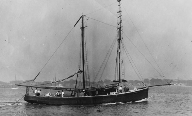 EMILY H.- from Block Island. Powered schooner rigged for swordfishing. Nest of dories on deck.