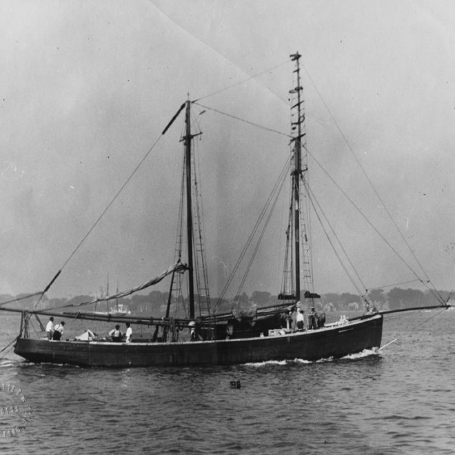EMILY H.- from Block Island. Powered schooner rigged for swordfishing. Nest of dories on deck.