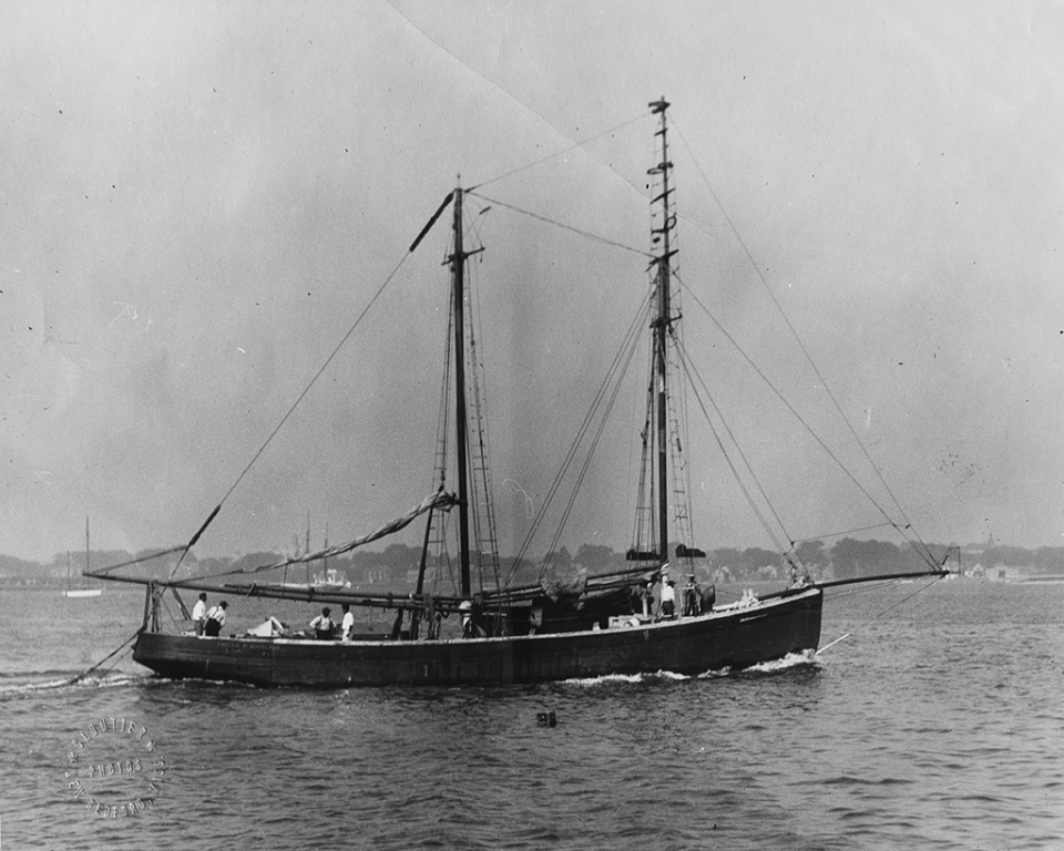 EMILY H.- from Block Island. Powered schooner rigged for swordfishing. Nest of dories on deck.