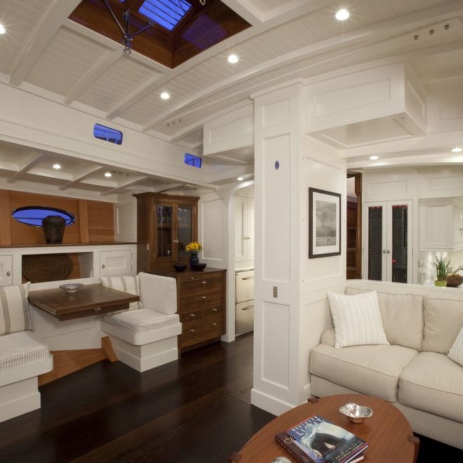 Whether you use your boat on weekends or long voyages, you’ll enjoy it more if you plan your interior. Shown here is the salon o