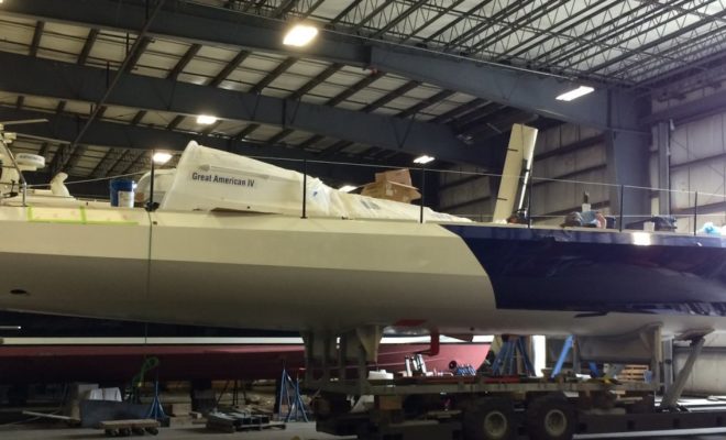 WIlson chose Maine Yacht Center, Portland, to refit both of his Open 60s. Here, GAIV in the shed. Photo courtesy MYC.