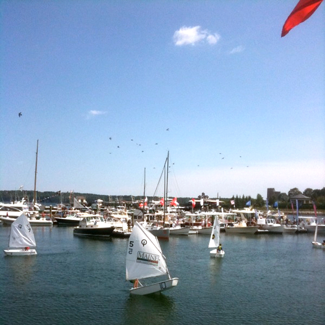 Young mariners from Rockland Community Sailing perform acrobatics in Optimist prams in the inner harbor.